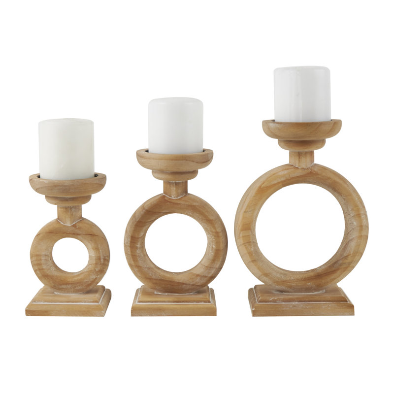 Wood Circular Ring Decorative Brown Candle Holder Set