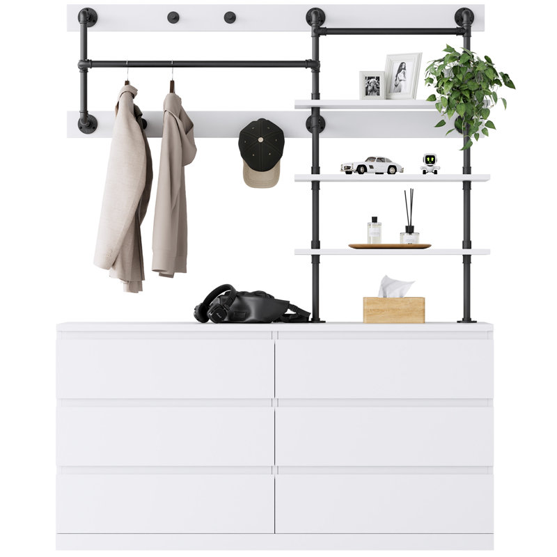 6 Drawer Dresser With Industrial Pipe Clothing Rack, 53.9" Wood Chest Of Drawers With Hanging Rods & Open Shelves, Heavy Duty Wall Mounted Closet For For Bedroom, Walk-In Closet & Dressing Area