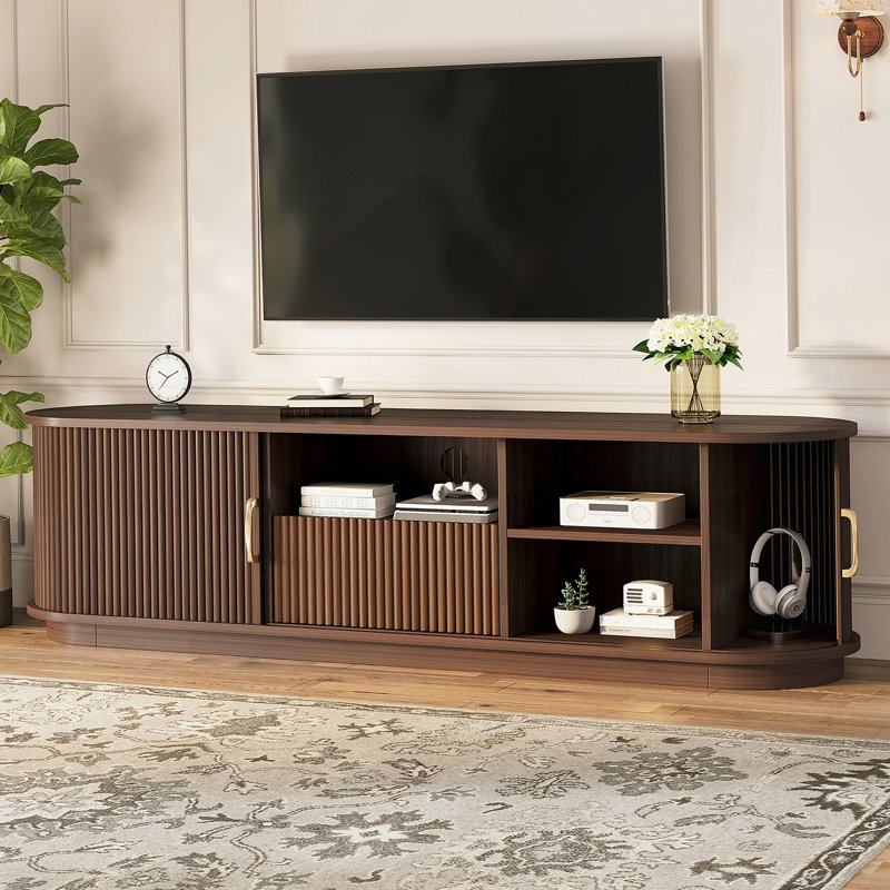 Rustic TV Stand With Sliding Wood Slatted Doors For Tvs Up To 75", Farmhouse Fluted TV Cabinet With Drawer And Cable Management For Living Room, Bedroom