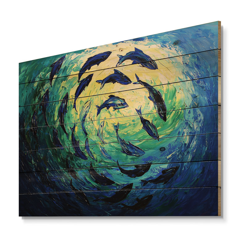 Thon nageant - Art mural en bois de requin sur bois de pin naturel, H 30 po x l 40 po