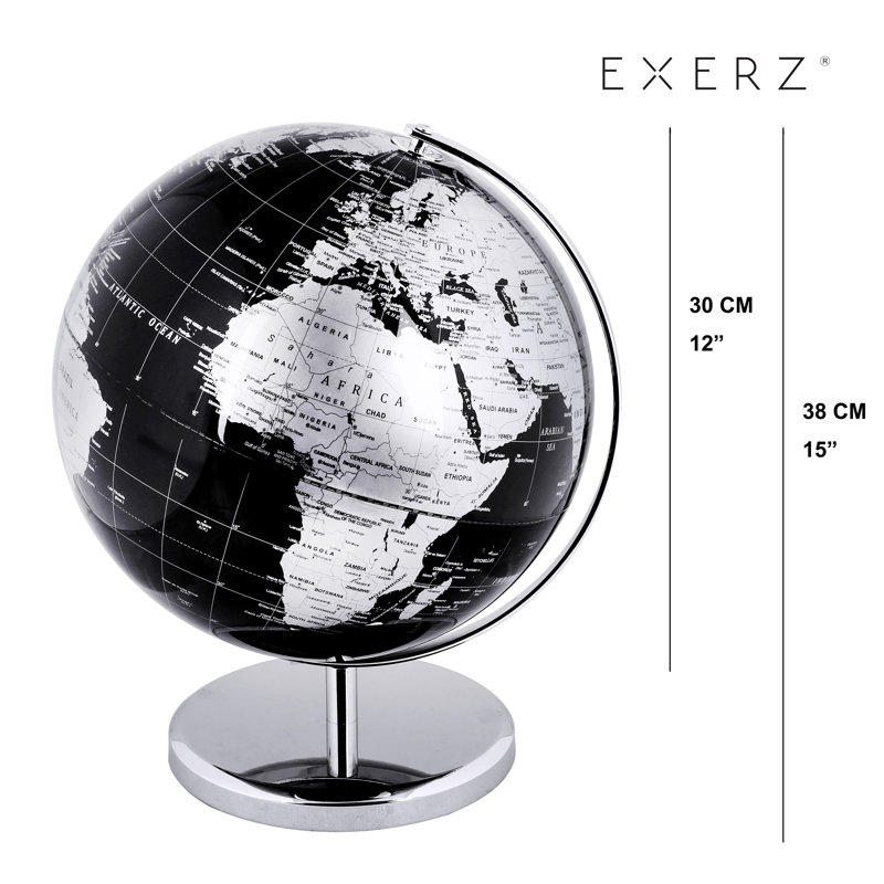 Exerz World Globe With A Metal Base, Metallic Black Earth Globe Geographic English Modern Map Desktop Decoration