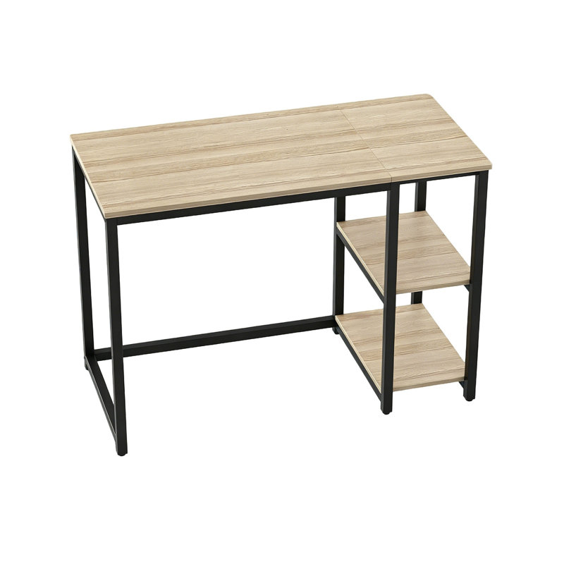 Computer Desk with 2-Tier Shelves 100 cm Sturdy Home Office Desk with Large Storage, Beige/Black