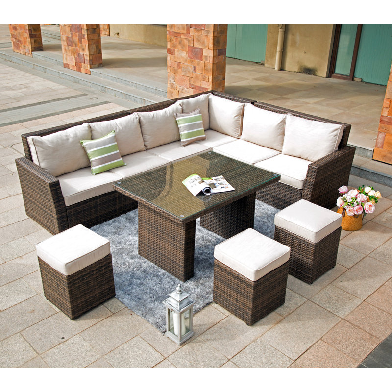 Outdoor 8-Piece Wicker Aluminum Sectional Seating Group with Cushions, Brown, Brown