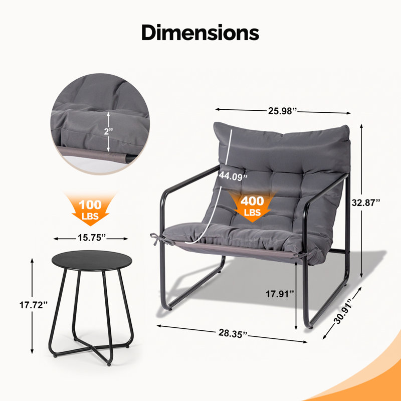 Ensemble de conversation de patio en métal avec coussins 3 pièces, Gris