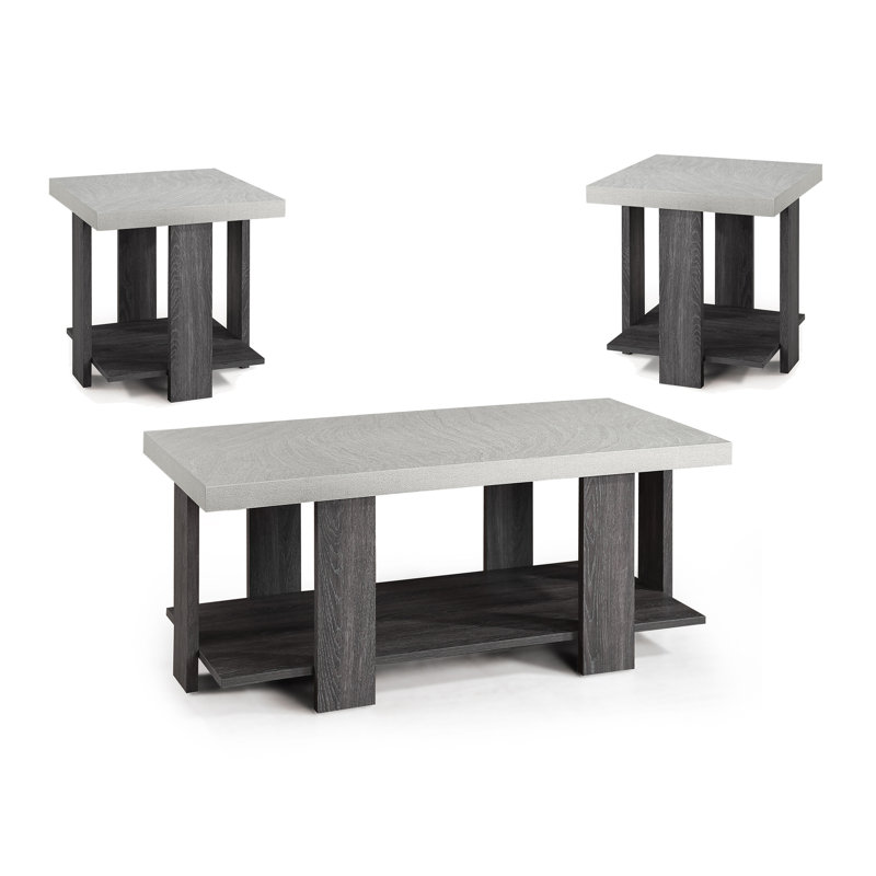 Ensemble de salon gris 3 pièces avec table basse et deux tables de bout assorties