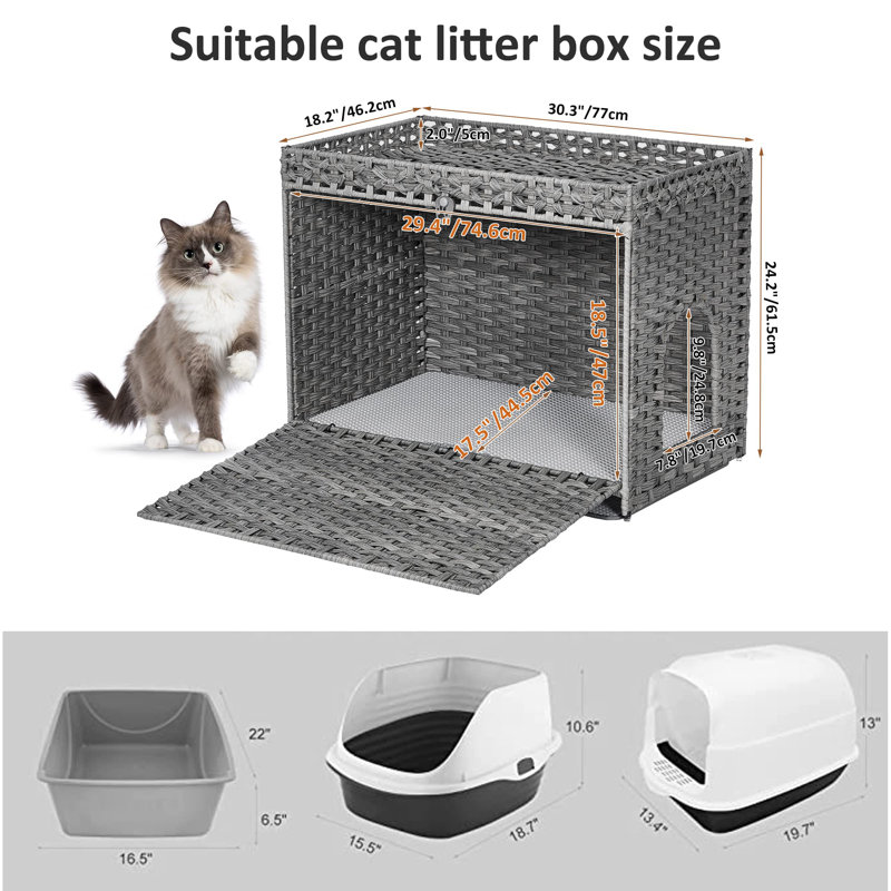 Grey Handwoven Rattan Cat Litter Box Enclosure with Soft Mat