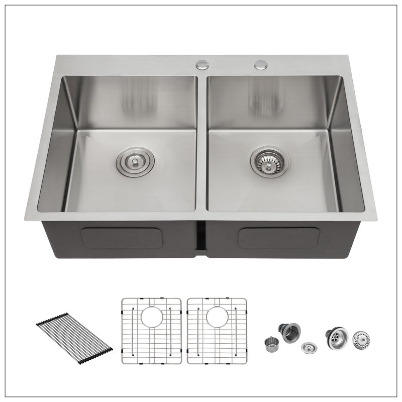 Double Bowl (50/50) Drop In Sink - 33"X22"X10" Stainless Steel Kitchen Sink 16 Gauge With Two 10" Deep Basin