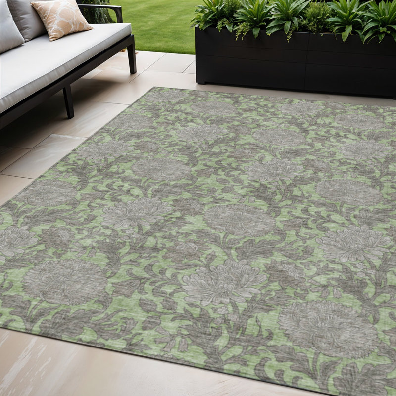 Tapis extérieur lavable floral 5 pi x 8 pi vert gris et taupe artichaut