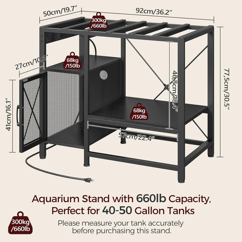 Support d'aquarium 40-50 gallons, support d'aquarium avec prise de courant et armoire de rangement