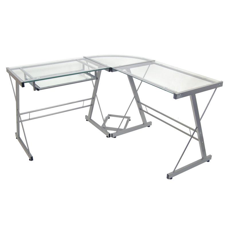 Wendell Modular L-Shaped Glass Steel Computer Desk, Silver / Clear Glass