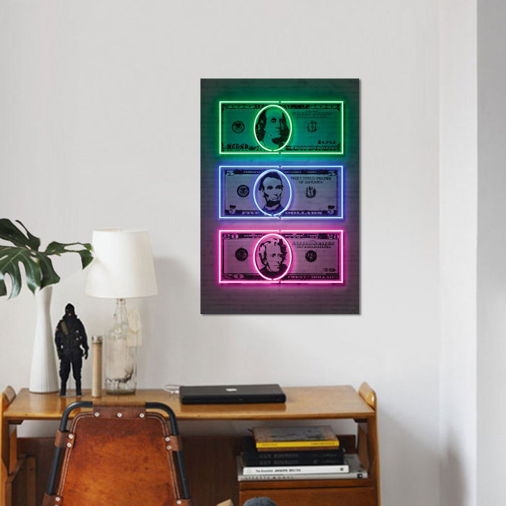«Dollars», impression sur toile, H 26 po x l 18 po x P 1,5 po, Toile avec cadre noir, Pas de tapis