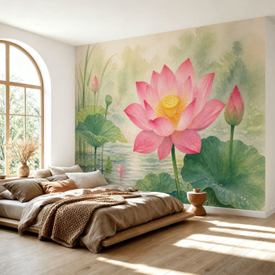 Décoration murale auto-adhésive moderne à motif de fleurs de lotus rose pour salon de chambre à coucher L 69 po x l 96 po