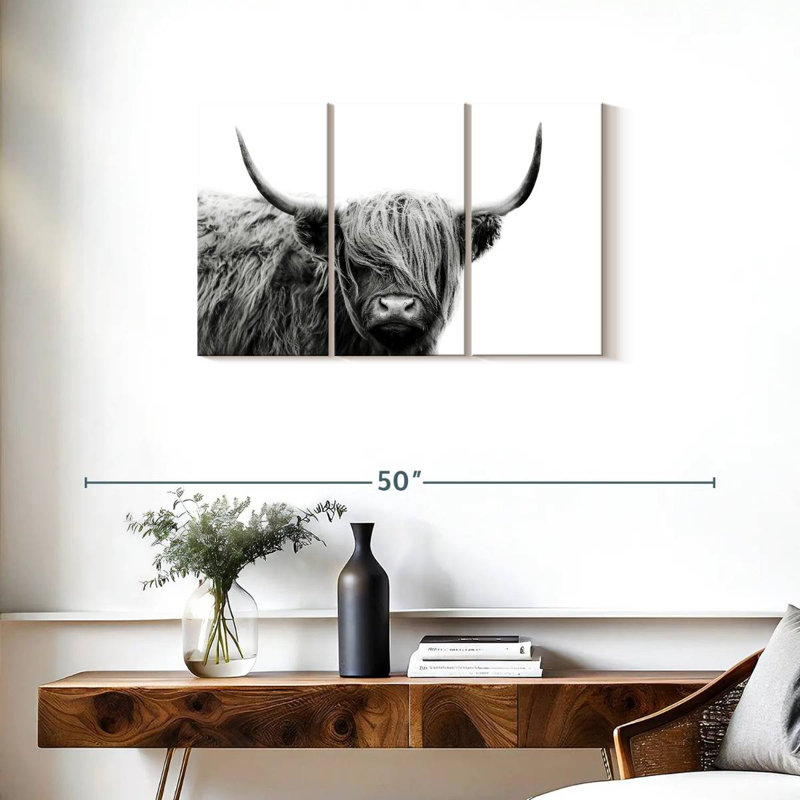 " BW Highland Cow " 3 - Pieces, 20" H x 33" W x 1.25" D
