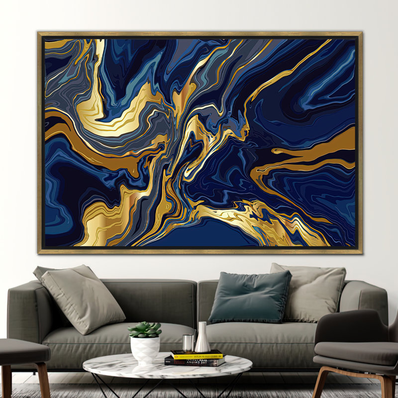 Abstract Marble Canvas Artwork - Modern Shimmery Wall Poster, Framed Print without Mat, Gold, 80 cm H x 110 cm W