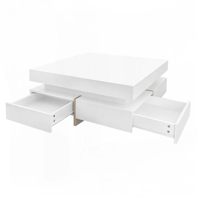 Table basse haute brillance avec 4 tiroirs, Blanc