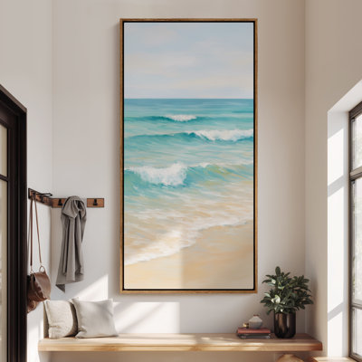 Large Framed Canvas Wall Art - Turquoise Seaside Peaceful Beach and Ocean Wave for Coastal or Bathroom Prints - 60"x30"