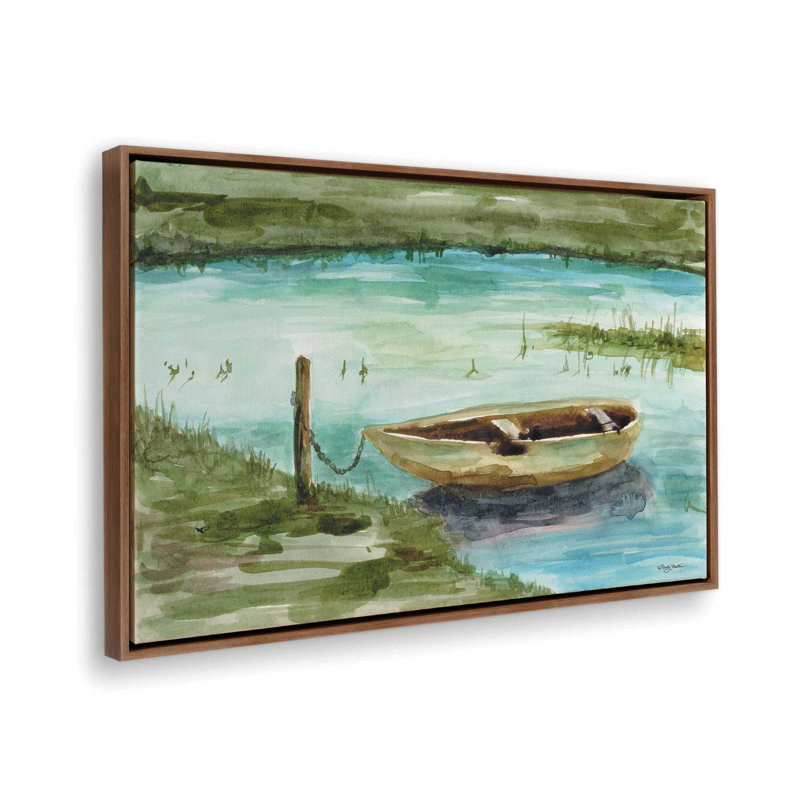 «Lone Canoe» par Molly Mattin, reproduction d'art, H 21,5 po x l 31,5 po, Brun, Toile avec cadre