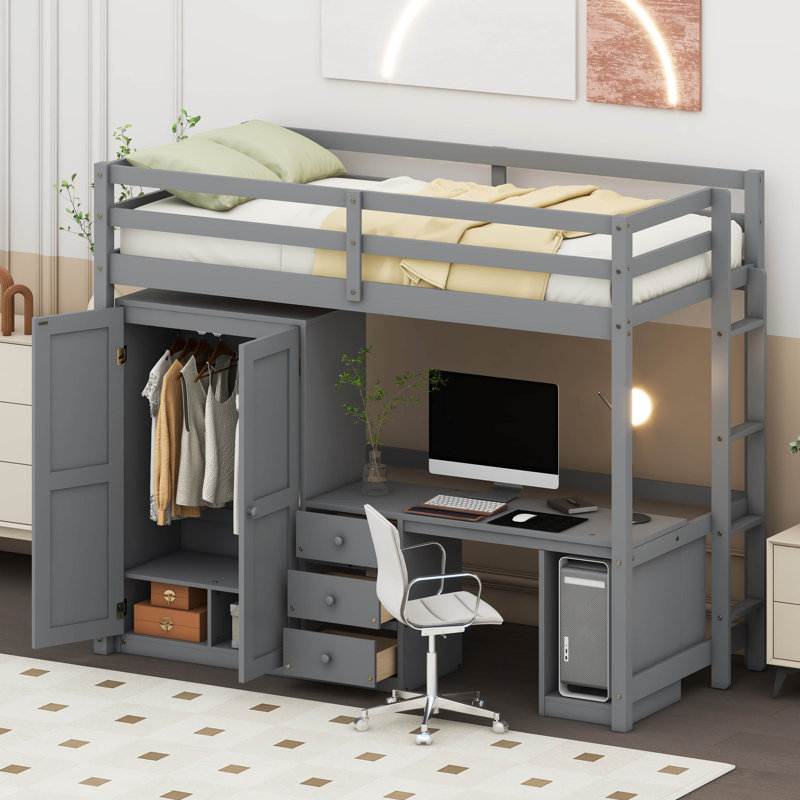 Jhoshua Loft Bed with Wardrobe, Desk and Storage Drawers, Twin, Grey