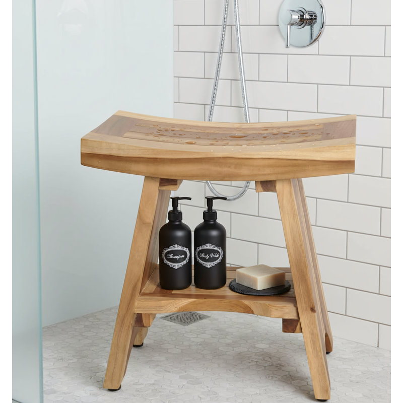 18.1-Inch Teak Shower Stool With Non-Slip Footpad And Shelf. 300 Lbs Weight Capacity. Compact Design Suitable For Small Bathrooms And Walk-In Shower Stalls.