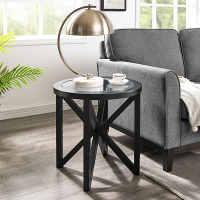 Table basse ronde simple en verre de style Mid-Century avec base en bois massif pour club, café, terrasse, dimensions 22 x 22 x 23, capacité de 250 lb, bureau élégant avec cadre en peuplier moderne