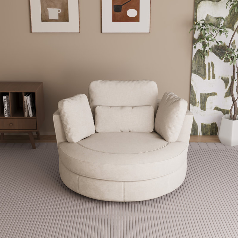 49.6" W Slipcovered Oversized Modern Swivel Accent Chair With Pillows, Beige