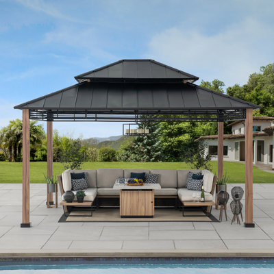 SUNJOY  Epping 13 x 15 ft. Hardtop Gazebo, Outdoor Patio Black Steel Frame Gazebo with 2-Tier Steel Roof,for Ultimate Outdoor Enjoyment, for All-Season Comfort
