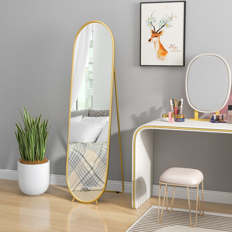 Full length mirror, 160 x 40cm wall mirror with stand, metal frame, Gold