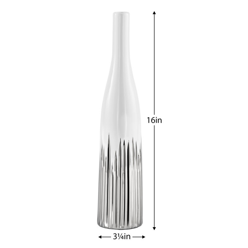 Solenne 16" Silver Ribbed White Ceramic Vase, 16 Inch