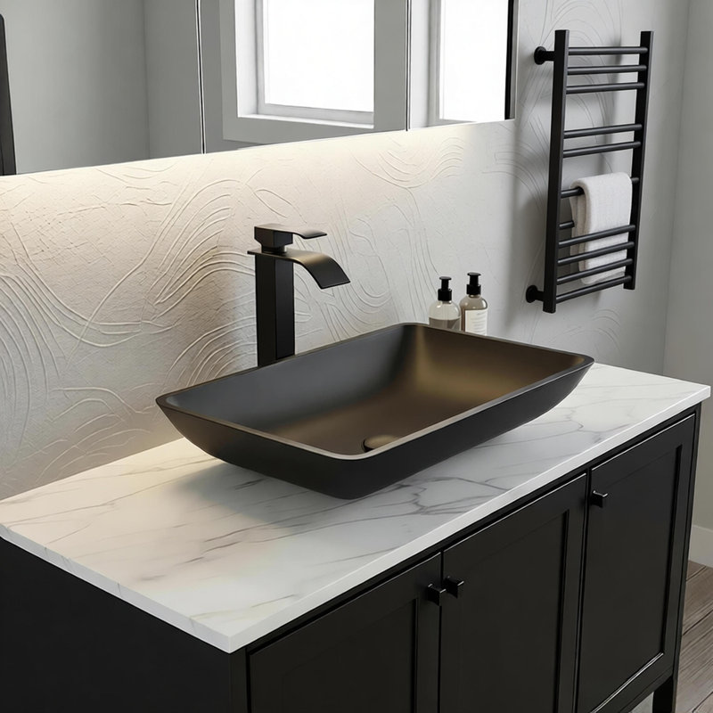 Lavabo de salle de bain vasque rectangulaire en verre fait à la main avec robinet, Noir mat