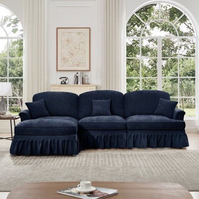 Classic L-shaped Sectional Couch - Chenille With Flared Arms, Removable Ruffled Skirts & Movable Ottoman by Darby Home Co