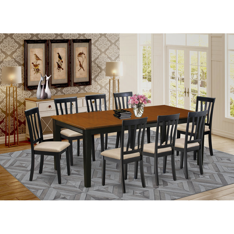 9 Piece Kitchen Table Set Includes a Rectangle Dining Table with Butterfly Leaf and 8 Linen Fabric Dining Room Chairs, Black & Cherry