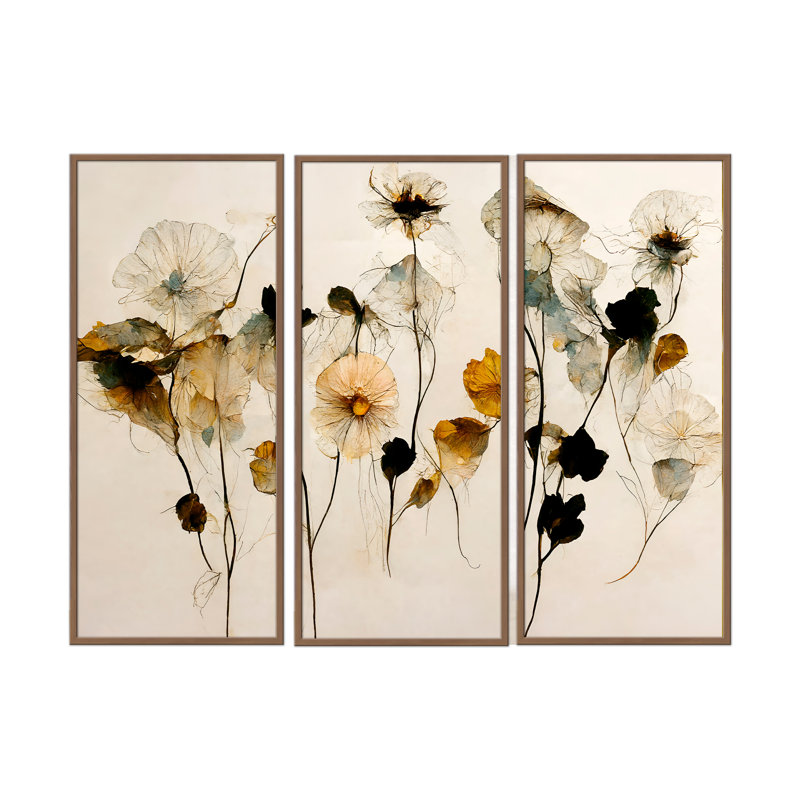 Nature Inspired Beautiful Dry Flowers by  - 3 Piece Picture Frame Painting Set on Paper, 24" H x 36" W