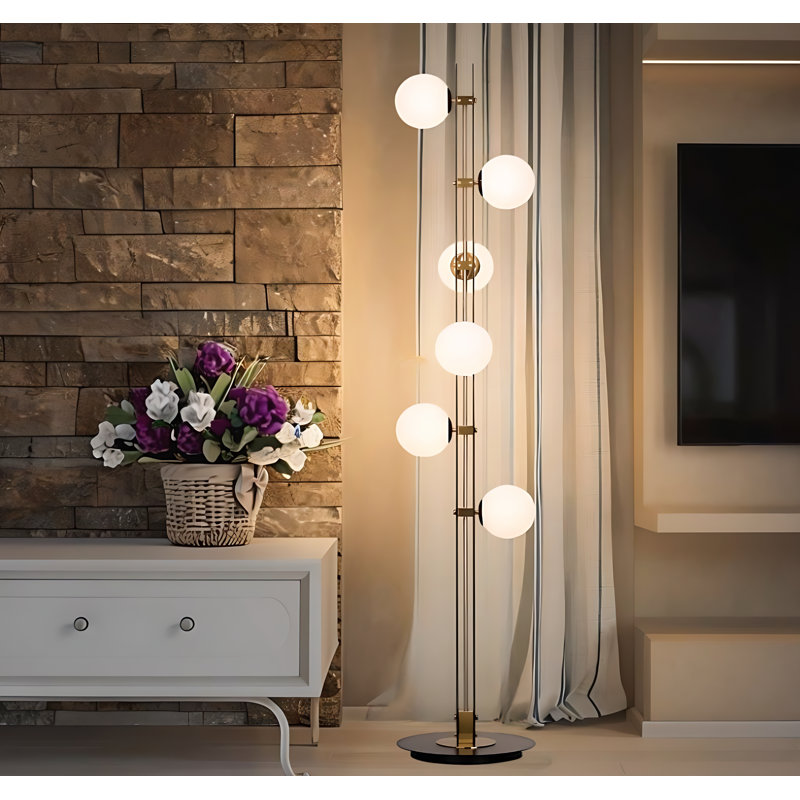6-light Miniature Planetary Frosted Glass Black Gold Floor Lamp