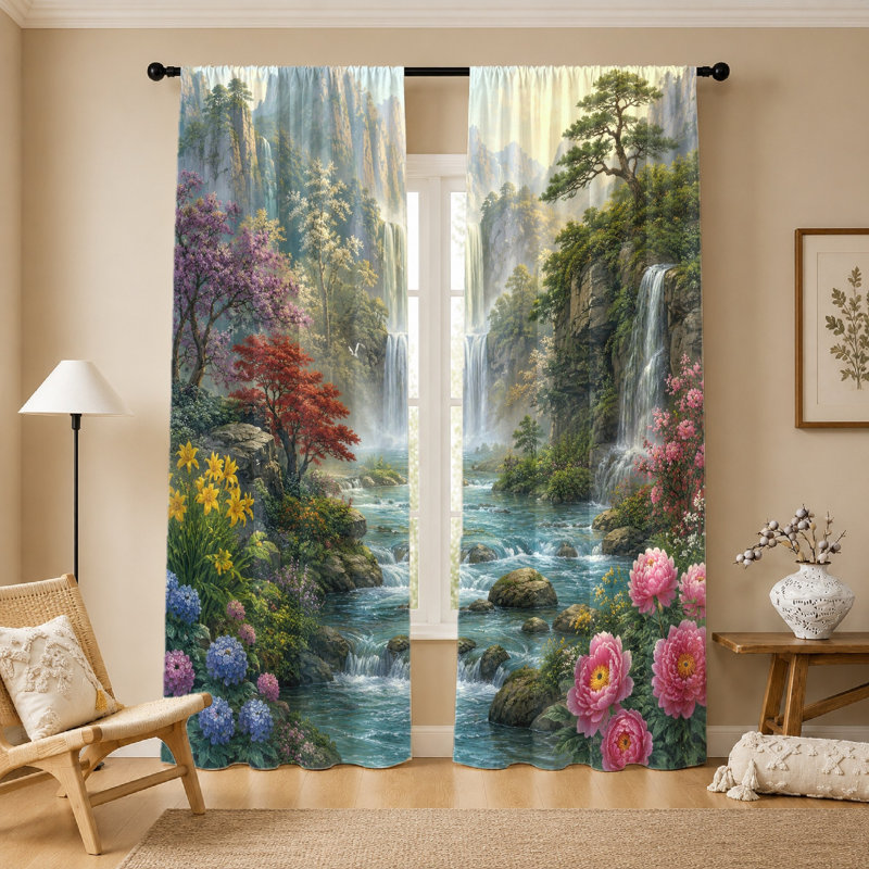 2 pièces de rideaux en cascade, impression de paysage luxuriant, accents floraux éclatants, tissu filtrant la lumière, conception à passe-tringle, pour le salon, la chambre à coucher, le balcon, la décoration intérieure