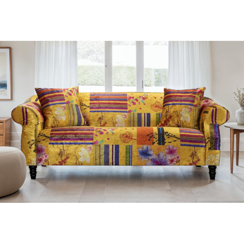 Forsyth Crushed Velvet Patchwork Sofa, Gold, 3