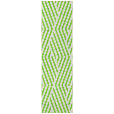 8' Runner Lime Green and White Geometric Washable Non Skid Indoor Outdoor Runner Rug