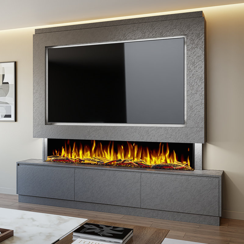 Evolution Fires Pre-Built Media Wall Package 23, finished in textured Venetian Plaster, includes Spectrum Series 72 Series 3-Sided Electric Fireplace