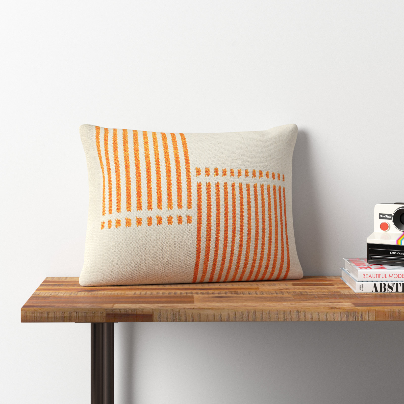 Carlus Striped Cotton Lumbar Throw Pillow, Natural/Orange