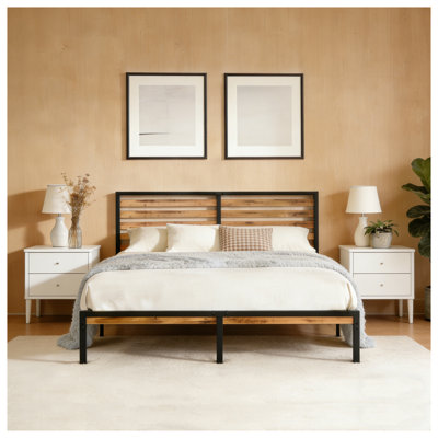 Full Size Metal Bed Frame with Wood Headboard, Rustic Industrial Style, Brown and Black
