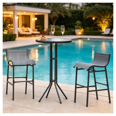 Modern Metal and Mesh Outdoor Bistro Set with Tempered Glass Table
