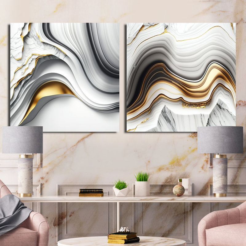 Abstrait géométrique vagues grises - ensemble de 2 collages carrés abstraits, Cadre flottant noir, H 16 po x l 33 po