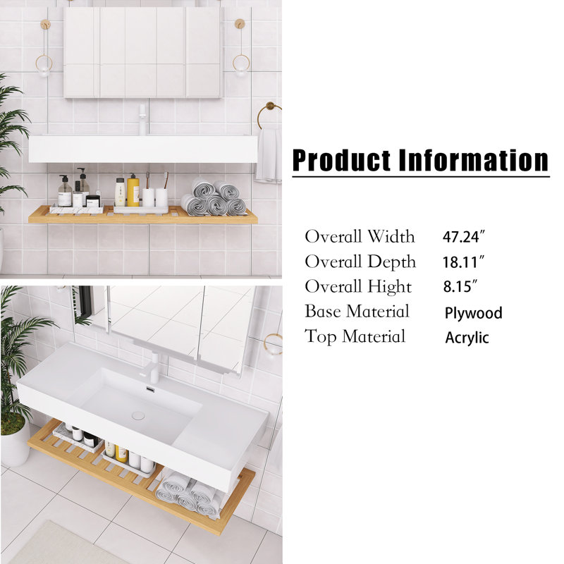 Wall-Mounted Single Bathroom Vanity In Natural Wood With Integrated Acrylic Top