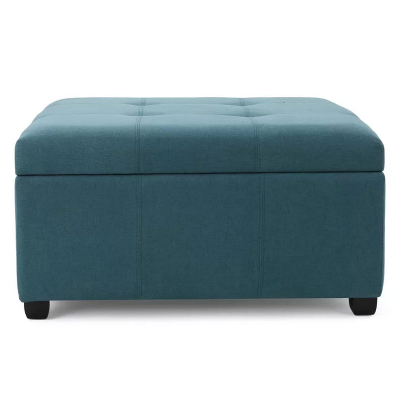 Carl Storage Ottoman, Teal Tufted Fabric, Soft Cushion, Black, 35 Inch