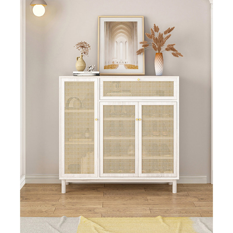 Minimalist modern rattan solid wood shoe cabinet, Ivory/Natural