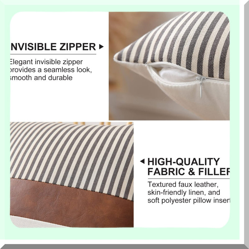 Modern Farmhouse Leather Stripe Throw Pillow Set - Brown - Linen Accent - Couch Bed Sofa Decor - Patchwork Design - 2 Inserts Included