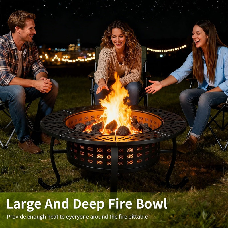 36 Inch Fire Pit With 2 Adjustable Bbq Grills, Lid & Fire Poker – 3-in-1 Outdoor Fire Pit Table For Patio & Backyard
