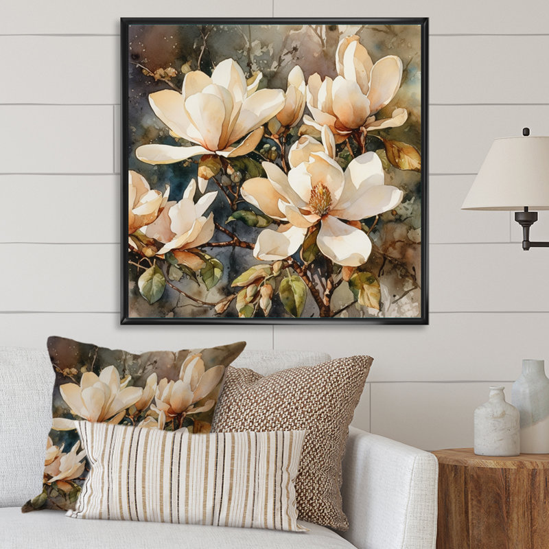 «Cream Magnolia Symphony», reproduction d'art sur toile, H 16 po x l 16 po x P 1 po, Cadre flottant noir