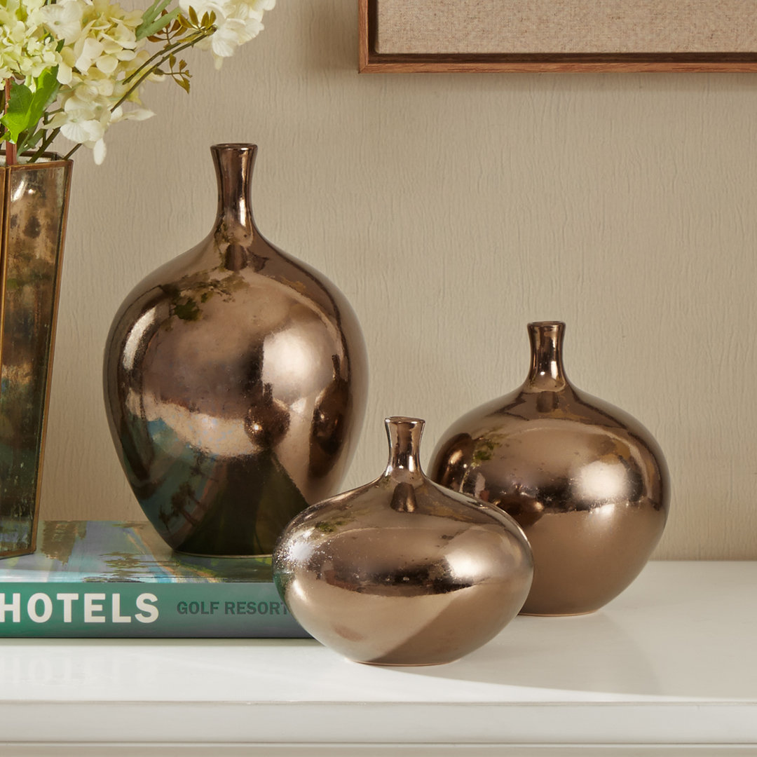 Ansen Mirrored Ceramic Decorative Vases 3-piece set Madison Park Signature Color: Bronze