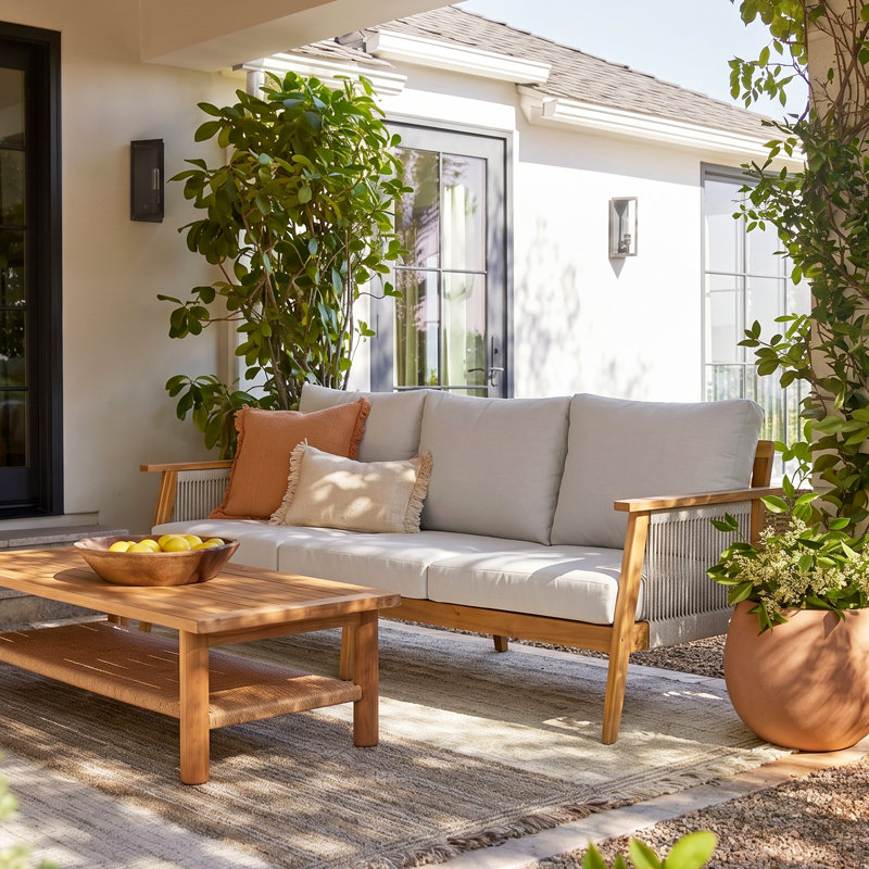 Canapé de patio moderne en bois d'acacia à 3 places avec assise profonde et coussins hydrofuges Brendan