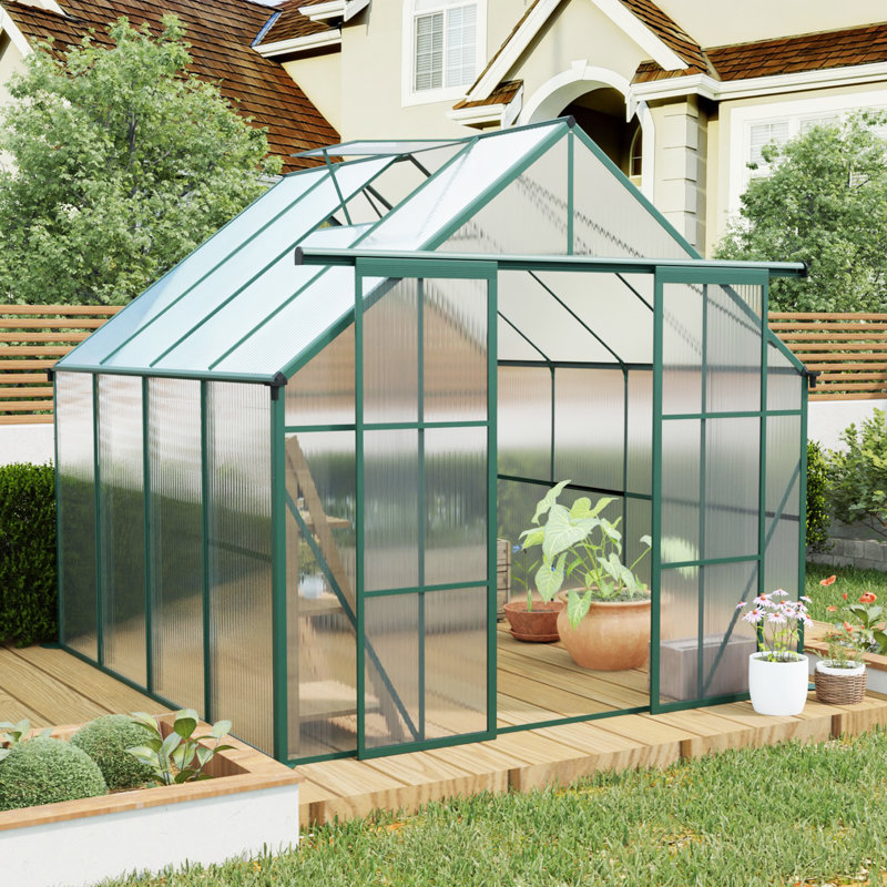 8x8 Polycarbonate Greenhouse With Double Door For Outdoor Backyard Green